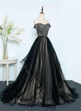 Picture of Pretty Black Color Tulle Off Shoulder Floor Length Gown, Black Color Evening Dress